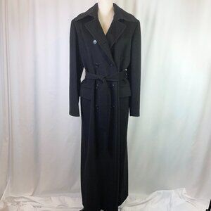 Calvin Klein Maxi Coat Size 12 Vintage 80's Black Double Breast Belt Merino Wool